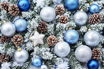 Poster - Festive Christmas tree branches adorned with blue and silver ornaments.
