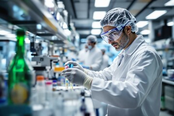 Aufkleber - Scientist working in a laboratory analyzing samples with focused expression.