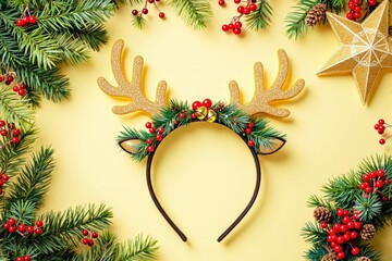 Poster - Christmas reindeer antler headband surrounded by festive decorations on yellow background.