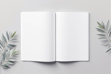 Poster - Open book with leaves on a light grey background.