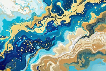 Poster - Abstract fluid art with blue, gold, and beige swirls.
