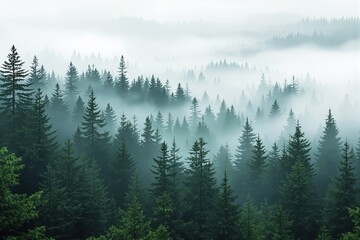 Poster - Misty Forest Landscape with Evergreen Trees.