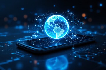 Poster - Glowing digital globe above smartphone on futuristic tech background.