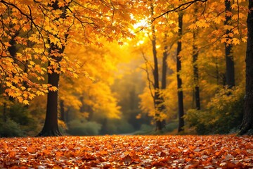 Poster - Autumn forest with golden leaves on the ground.