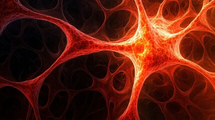 Poster - Abstract red neural network background with glowing connections and dark space for science and medical research concept with depth of field and artistic style