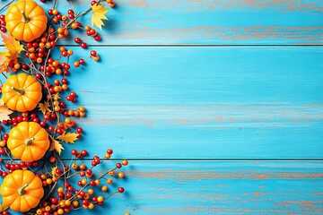 Aufkleber - Autumn pumpkins and berries on blue wooden background.