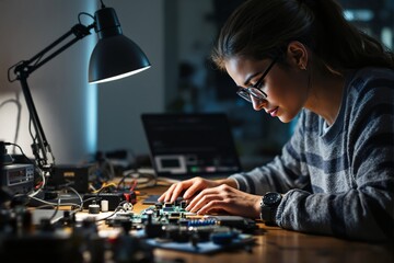 Poster - Focused woman working on electronics at desk under desk lamp light.