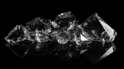 Poster - Captivating monochrome studio shot of sparkling crystal fragments on a reflective black surface creating a dramatic and elegant visual