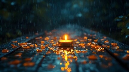 Poster - Serene Water Drop Glimmering in Soft Candlelight on Wooden Surface
