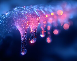 Poster - Glowing Water Drop Captured in Midair from Icy Icicle Against Snowy Background