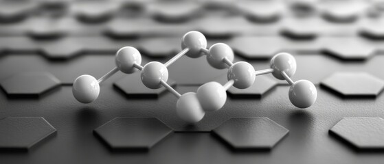 Poster - Molecular structure on hexagonal background symbolizing science technology and innovation with monochrome tone and shallow depth of field