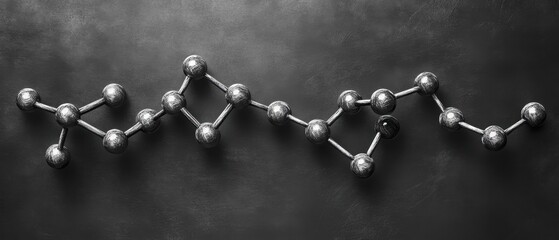 Poster - Abstract silver molecule structure on dark background representing science technology and innovation with a minimalistic and modern aesthetic
