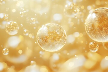 Poster - Golden Bubbles Floating in Abstract Space with Light Bokeh Background and Macro Focus for Luxurious Feel