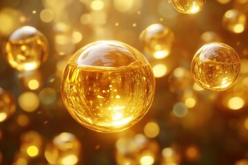 Poster - Luminous golden spheres floating in a warm amber background creating a luxurious and elegant visual effect perfect for cosmetic or beauty product promotion