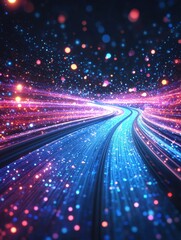 Poster - Ethereal path illuminated by vibrant particles flowing through a dark cosmic background with dynamic energy and futuristic style