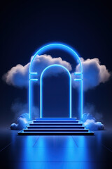 Poster - Neon arch in dark blue lights room with clouds. Abstract background for party stage or product display.