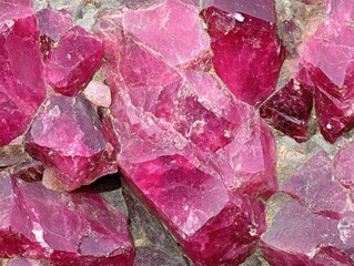 Poster - Captivating Close Up of Raw Rhodolite Garnet Crystals Displaying Rich Pink and Red Hues in a Natural Setting