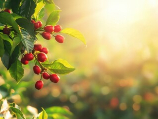 Wall Mural - Lush coffee cherry branch in golden sunlight on plantation farm tranquil scene vibrant colors agriculture harvest and growth perfect for stock photo use
