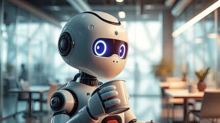 Aufkleber - a futuristic robot taking a coffee break in a modern office setting