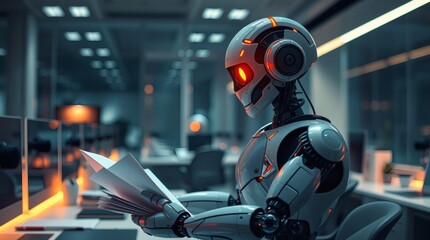 Poster - a futuristic robot reading documents in an office setting, embodying the blend of technology and modern work. It represents the advancement of AI