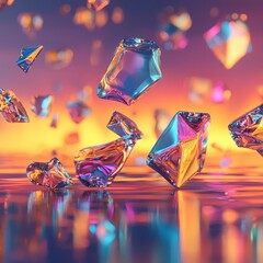 Poster - Colorful Crystal-Like Objects Floating Above a Reflective Surface