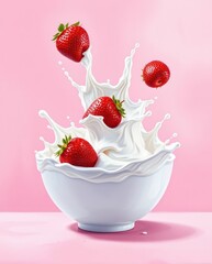 Poster - strawberries falling into a bowl of milk with a splash, showcasing a vibrant contrast between the red and white against a pink backdrop