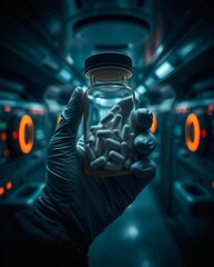 Poster - a gloved hand holding a glass jar filled with capsules, with futuristic background, suggesting pharmaceuticals or medicine