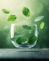 Poster - Fresh Mint Leaves Falling into a Glass of Water on a Wooden Surface with a Soft Green Background for Refreshing Beverage