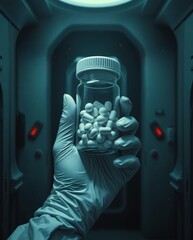 Poster - a hand holding a glass jar filled with pills in a futuristic setting, creating an atmosphere of science and medicine