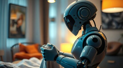 Poster - a futuristic robot carefully folds clothes in a cozy living room. The scene evokes a sense of advanced technology and domesticity
