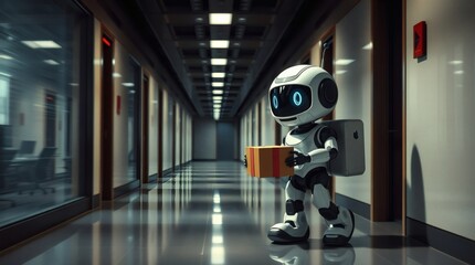 Poster - a robot walking down a corridor in an office, carrying a package. The robot has a friendly expression on its face, with modern technology features. The corridor is well-lit and has a futuristic feel