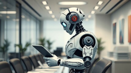 Aufkleber - a robot looking at a tablet in the office. futuristic, modern, innovative