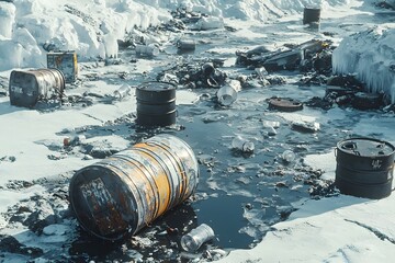 pollution and environmental degradation depicted in a frozen landscape with discarded barrels and to