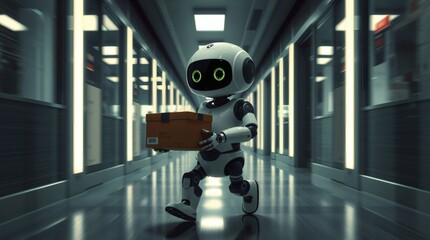 Poster - a robot is carrying a package while walking through a futuristic hallway 