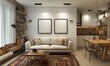 © malayeka - Modern studio apartment interior design with white brick wall, beige sofa, wooden table and rug.