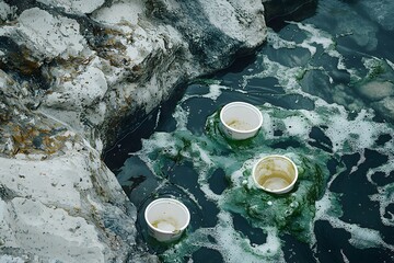 waste and nature collide as discarded cups float in a bubbling hot spring surrounded by rocky terrai