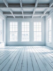 Poster - Bright and Airy Empty Room with White Wooden Floors and Ceiling Beams Bathed in Natural Light from Large Windows Creating a Minimalist Interior Design