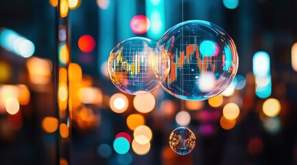 Poster - Abstract city night bokeh with glowing financial chart bubbles.