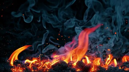 Poster - Glowing embers and swirling smoke with vivid orange flames, fire and heat concept