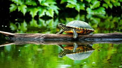 Poster - Turtle on log reflecting in calm green water, nature and tranquility concept