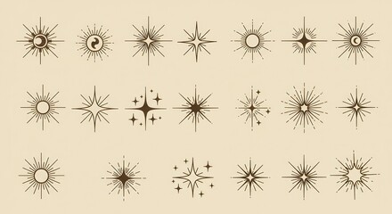 vintage star shapes, golden celestial elements, minimalist design, retro sparkles, mid-century moder