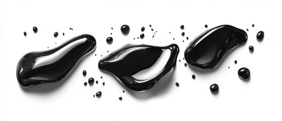 Poster - Abstract Arrangement of Glossy Black Liquid Blobs on a White Background with Dynamic Reflections and Smooth Surface