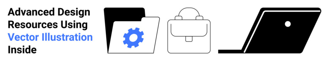 Poster - folder with gear icon, travel backpack, and open laptop illustrating data storage, organization, and