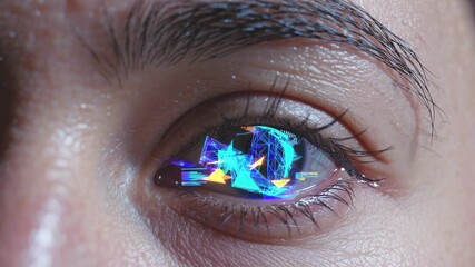 Poster - Neon holograms dance across human iris. Geometric wireframes and digital patterns transform over macro-captured eye detail. Static extreme closeup.
