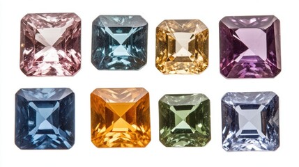 Poster - Collection of Exquisite Emerald Cut Gemstones in Various Colors Displayed on a Clean White Background for Jewelry Design