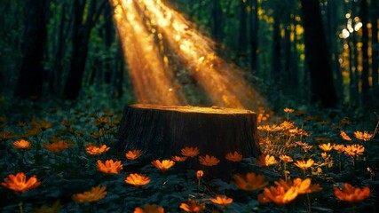Poster - Sunlit tree stump in forest surrounded by orange flowers, serenity concept