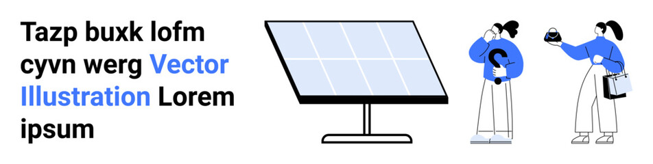Poster - large solar panel on stand, two people observing and discussing renewable energy technology, light b