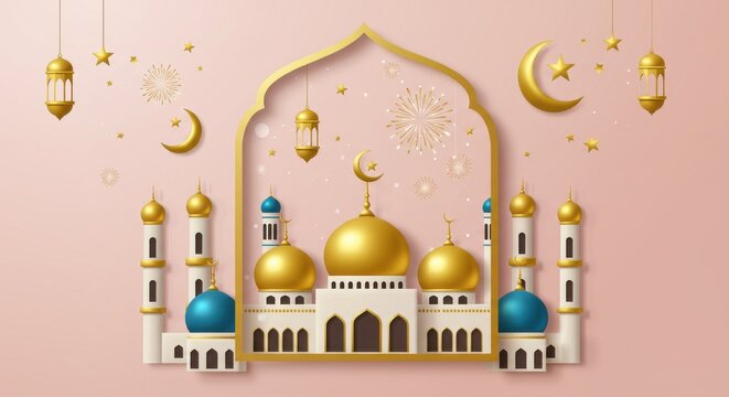 Eid Mubarak greeting card, Islamic mosque illustration, golden domes, blue minarets, crescent moon, all-seeing eye symbol, decorative arch frame, stars and fireworks