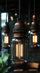 Poster - Captivating close up of vintage pendant lights illuminating a chic cafe interior with warm glow and industrial charm creating an inviting ambiance
