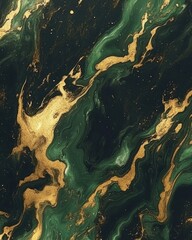 Poster - Emerald green and gold abstract fluid art painting with swirling marble texture and elegant design perfect for backgrounds